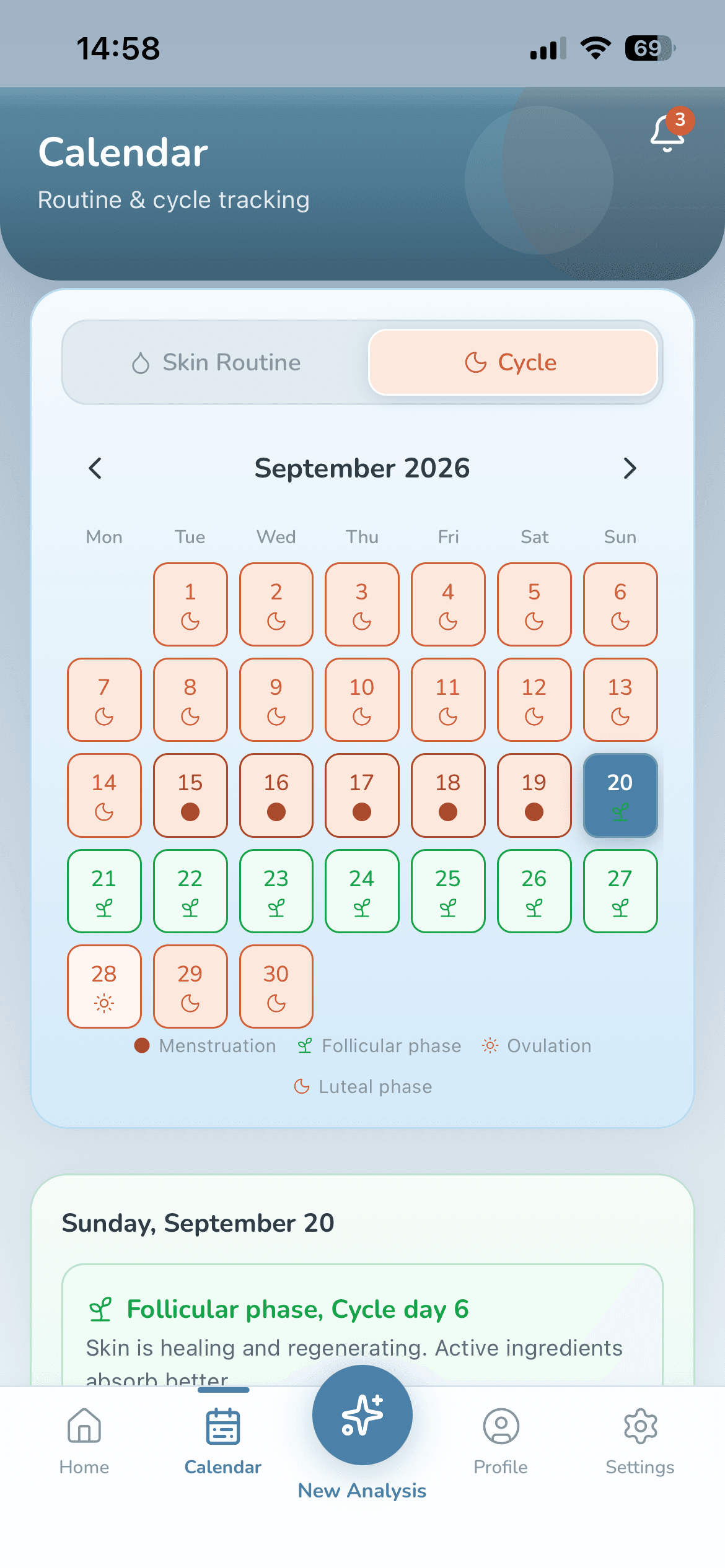 Calendar, Cycle tab: cycle phases marked on each day (Premium)