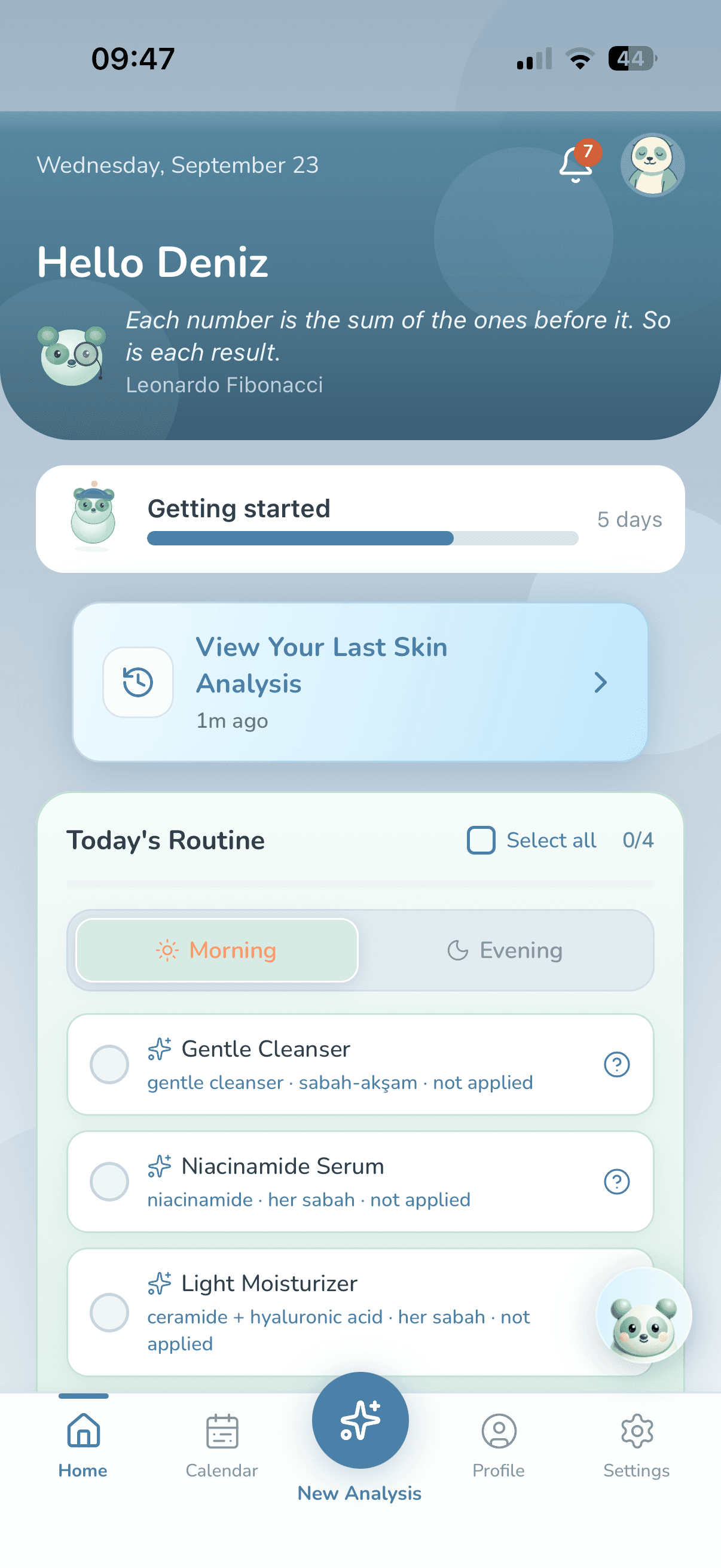 WisoCare home screen: today's morning routine, Wiso level strip and last analysis card