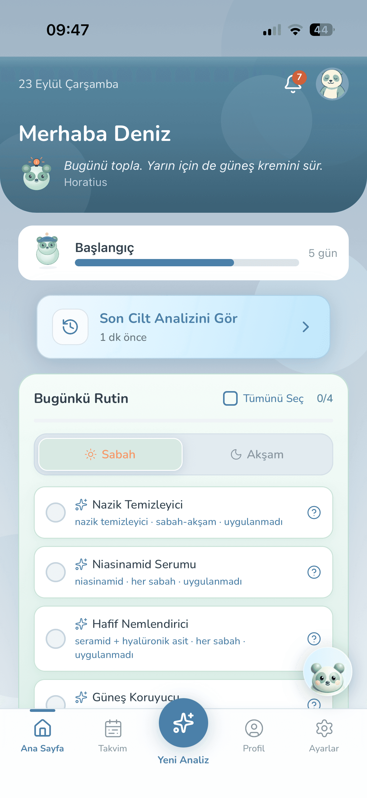 WisoCare ana ekranı: günün sabah rutini, Wiso seviye şeridi ve son analiz kartı
