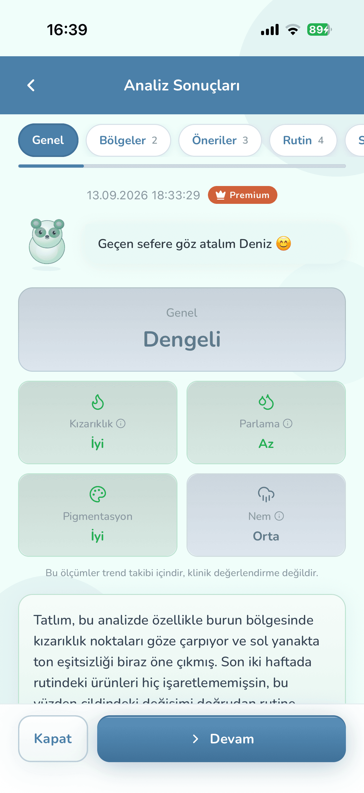 Analiz sonucu, Genel adımı: kızarıklık, parlama, pigmentasyon ve nem için seviye kutuları