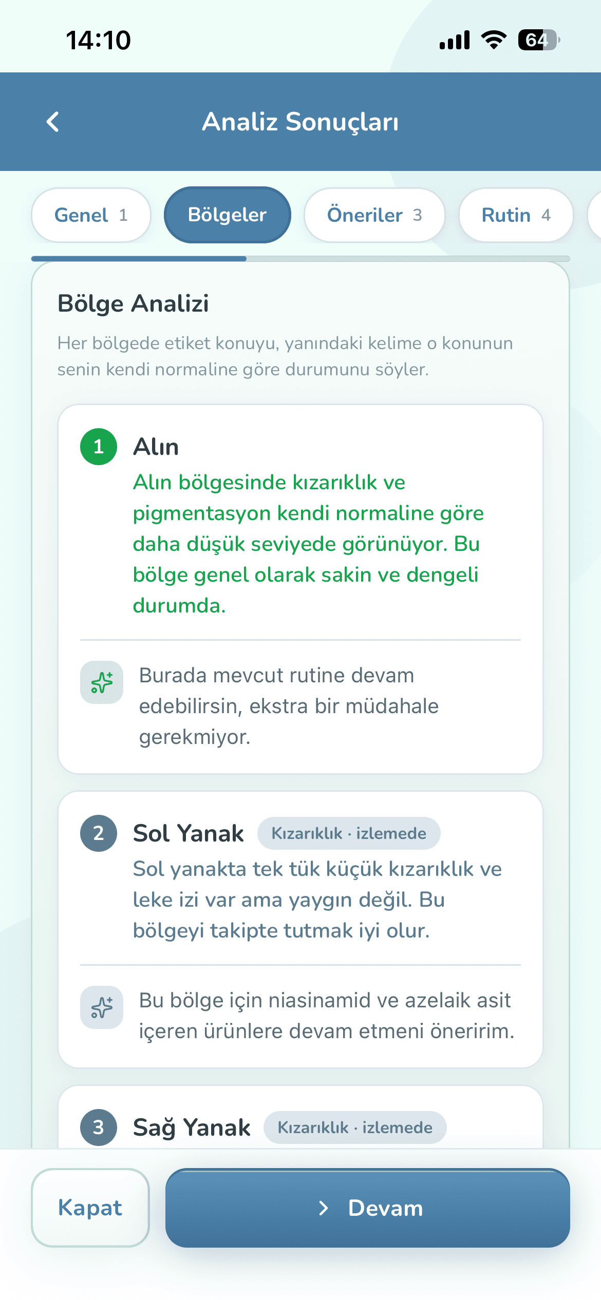Analiz sonucu, Bölgeler adımı: alın, yanaklar, burun ve çene için bölge kartları