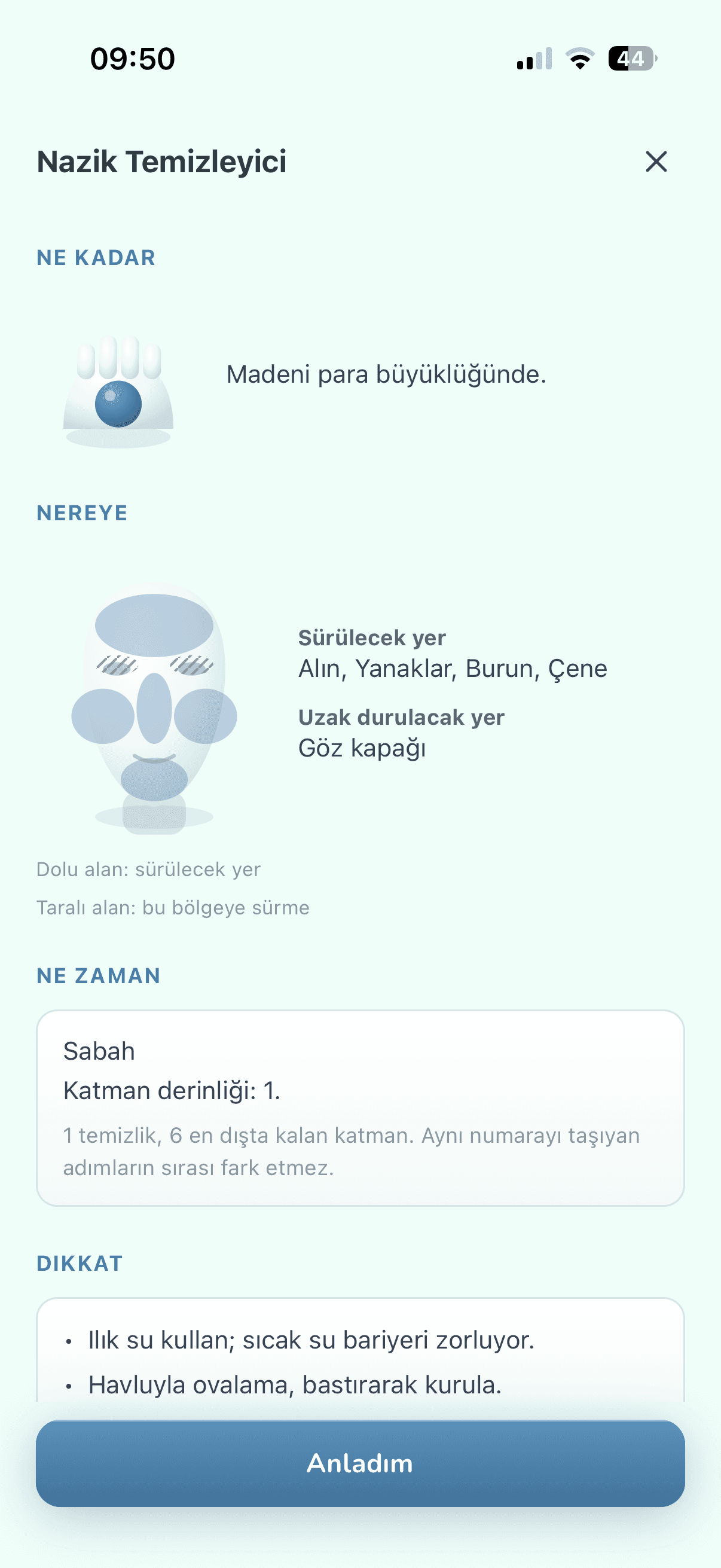 Kullanım rehberi: bir rutin adımının ne kadar, nereye ve hangi sırada uygulanacağı, çizimleriyle