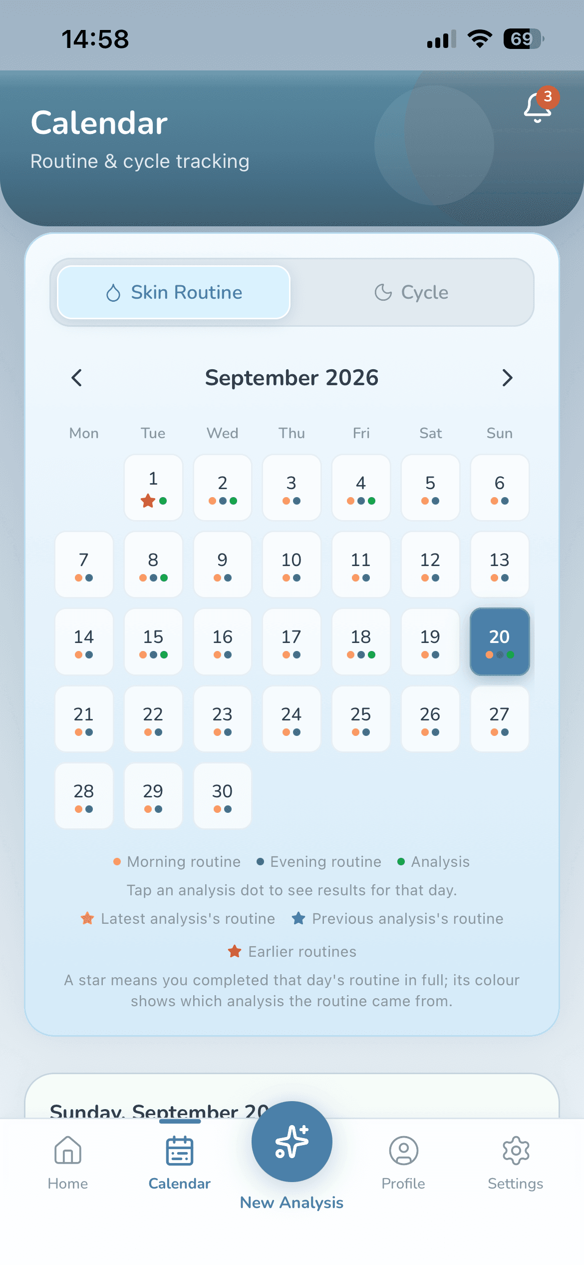 Calendar: colored stars on days the routine was completed