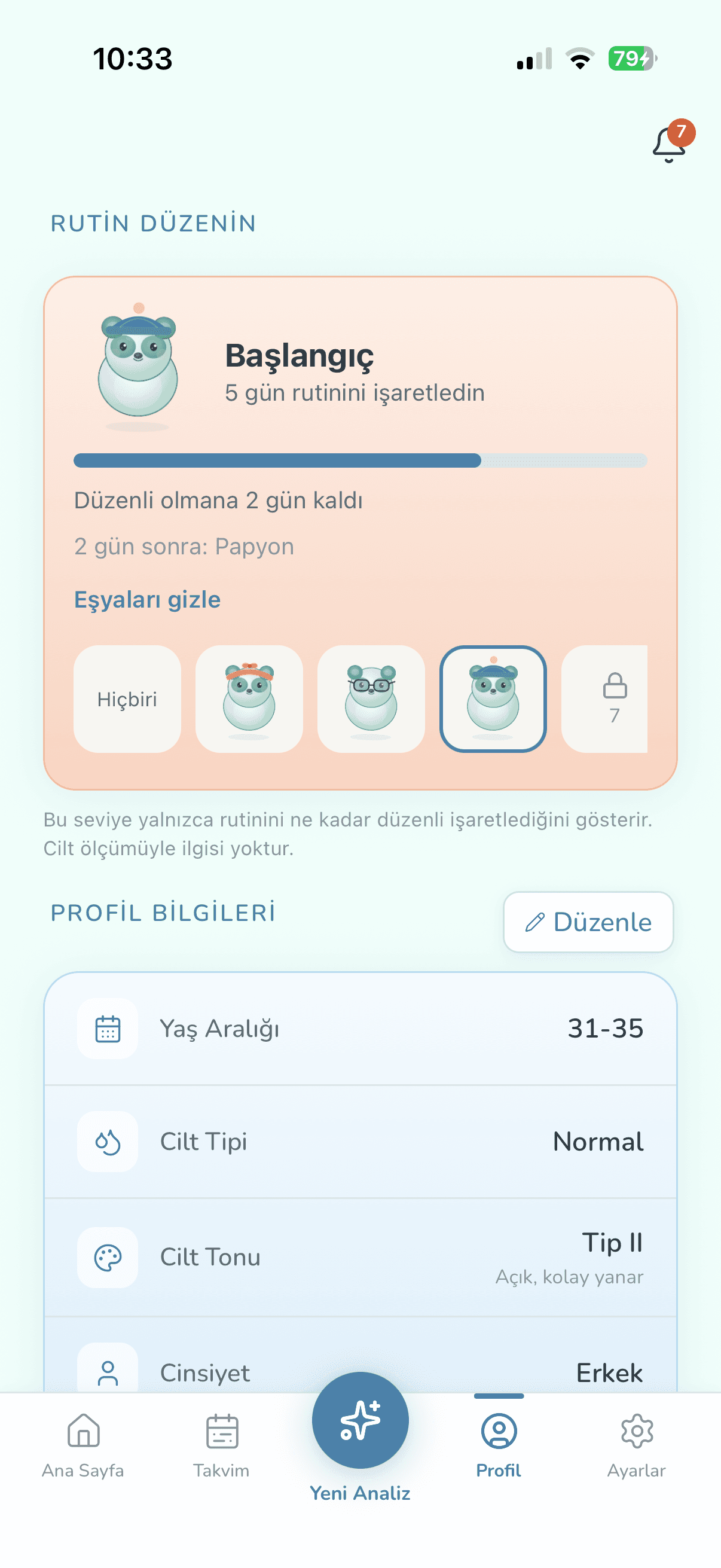 Profil: Wiso'nun seviye kartı ve topladığı eşyalar