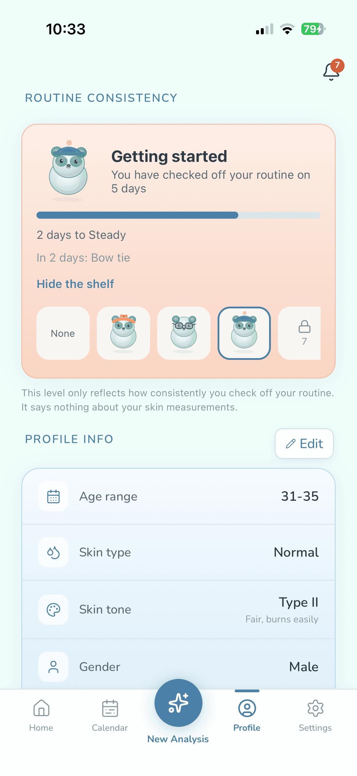 Profile: Wiso's level card and the items it has collected